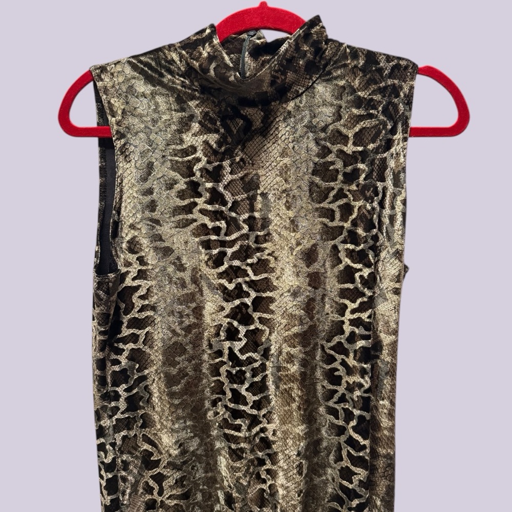 VTG Maggy London Gold and Olive Metallic Animal Print Midi Mock Neck Dress Sz 12 - Picture 3 of 7